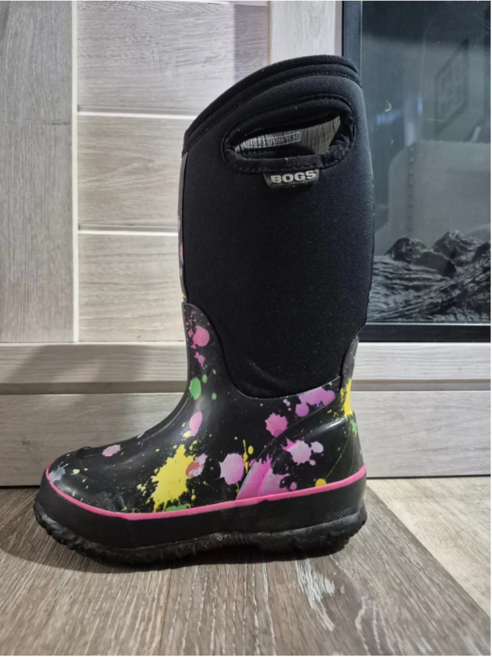 Girls Bogs Paint Splatter Rain Boots Size 11 Black Multi-color